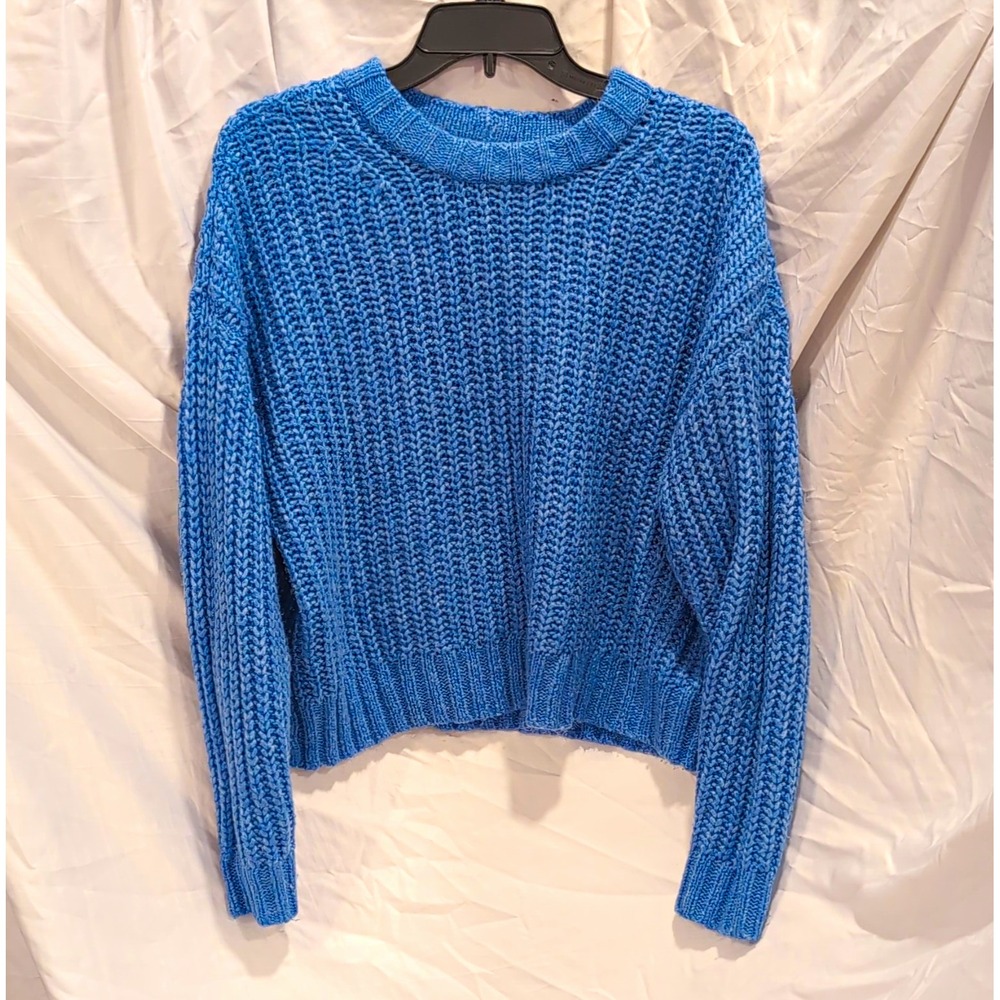 American Eagle Women's Medium Blue Solid Knit Crewneck Ribbed Pullover Sweater M